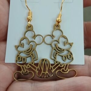 Mickey Mouse Cut Out Alloy Gold Tone Dangle Drop Earrings Disney